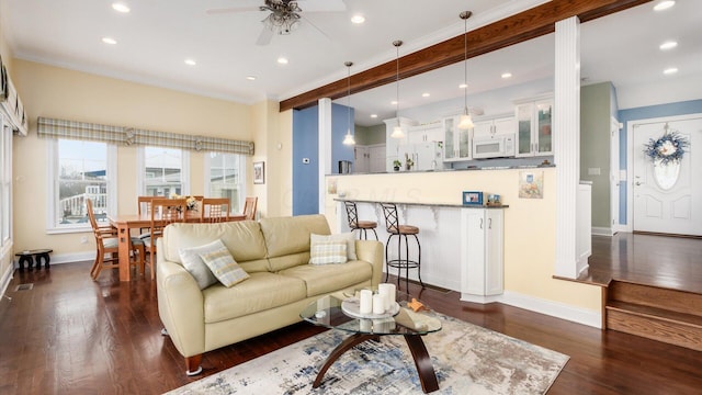 40 Beacon Light Ln, Buckeye Lake, OH 43008 - living area featuring dark wood-type flooring, ornamental molding, a ceiling fan, recessed lighting, and baseboards