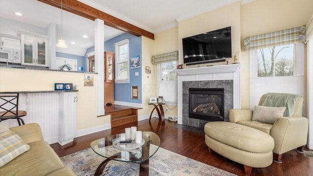 40 Beacon Light Ln, Buckeye Lake, OH 43008 - living room featuring baseboards, a fireplace, dark wood-style floors, beam ceiling, and recessed lighting
