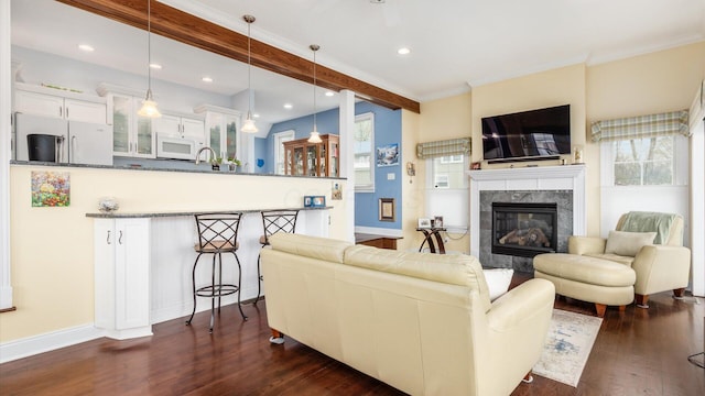 40 Beacon Light Ln, Buckeye Lake, OH 43008 - living area with crown molding, baseboards, a high end fireplace, and dark wood-style floors