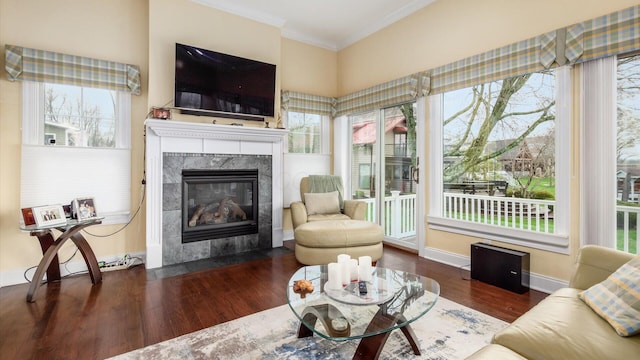 40 Beacon Light Ln, Buckeye Lake, OH 43008 - living area featuring ornamental molding, baseboards, a tile fireplace, and wood finished floors
