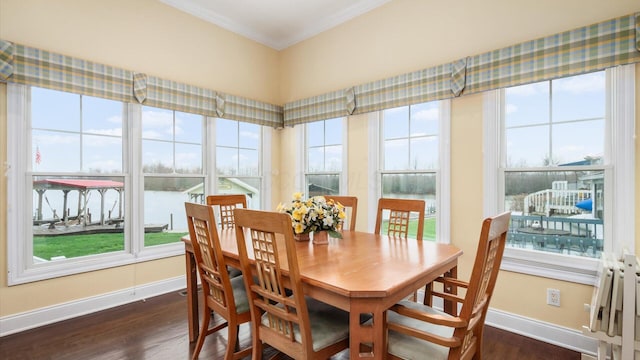 40 Beacon Light Ln, Buckeye Lake, OH 43008 - dining space with dark wood-style floors, baseboards, and crown molding