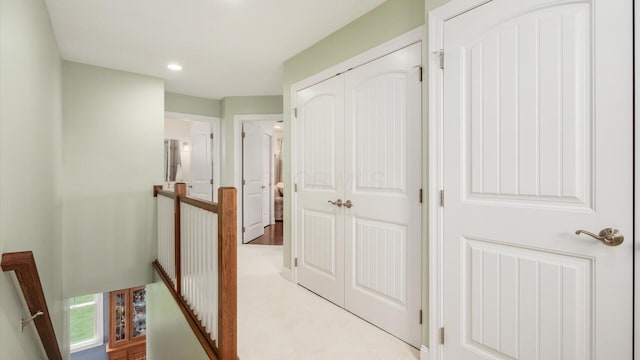 40 Beacon Light Ln, Buckeye Lake, OH 43008 - hallway featuring an upstairs landing, recessed lighting, and light carpet