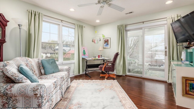 40 Beacon Light Ln, Buckeye Lake, OH 43008 - home office featuring a wealth of natural light, visible vents, a ceiling fan, and dark wood-style floors