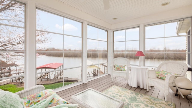 40 Beacon Light Ln, Buckeye Lake, OH 43008 - sunroom featuring a water view, ceiling fan, and a healthy amount of sunlight