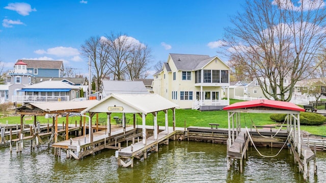 40 Beacon Light Ln, Buckeye Lake, OH 43008 - dock area with a water view, a lawn, and boat lift