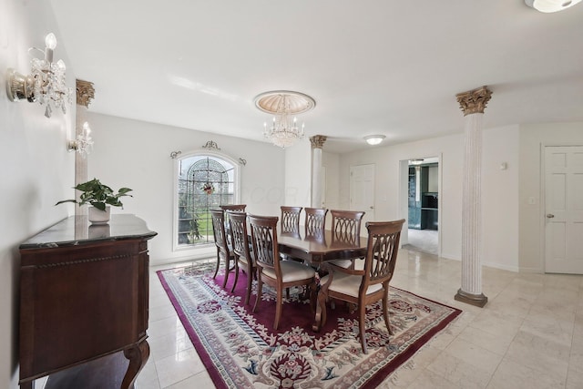 dining room featuring decorative columns, a notable chandelier, baseboards, and light tile patterned floors