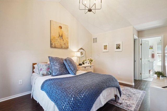 bedroom featuring vaulted ceiling, visible vents, a chandelier, dark wood-style flooring, and baseboards