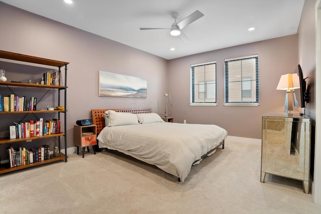 carpeted bedroom with recessed lighting, a ceiling fan, and baseboards