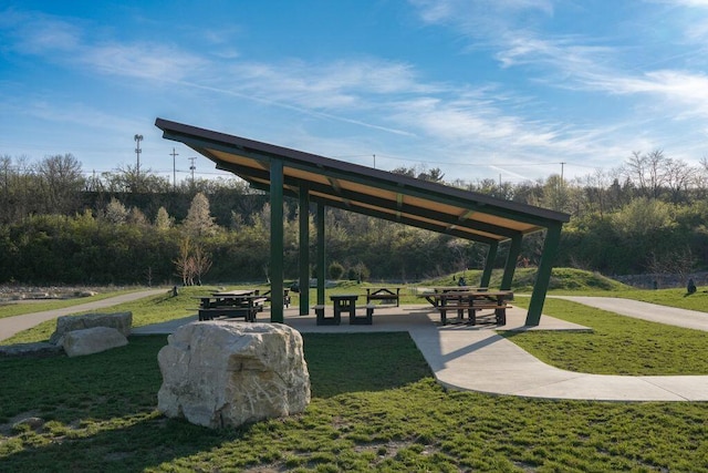 view of community featuring a gazebo and a lawn