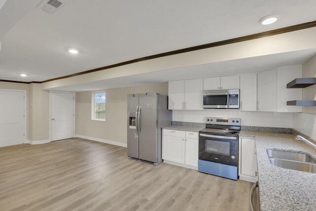 574 Koebel Ave, Columbus, OH 43207 - kitchen with a sink, open shelves, appliances with stainless steel finishes, visible vents, and white cabinets