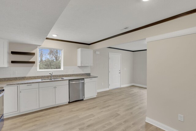 574 Koebel Ave, Columbus, OH 43207 - kitchen with a sink, white cabinetry, tasteful backsplash, dishwasher, and light wood-style floors