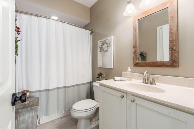 full bathroom with tile patterned flooring, toilet, vanity, and a shower with curtain
