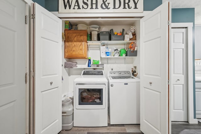 21100 Fleckinger Rd, West Mansfield, OH 43358 - laundry room featuring wood finished floors, washing machine and clothes dryer, and cabinet space