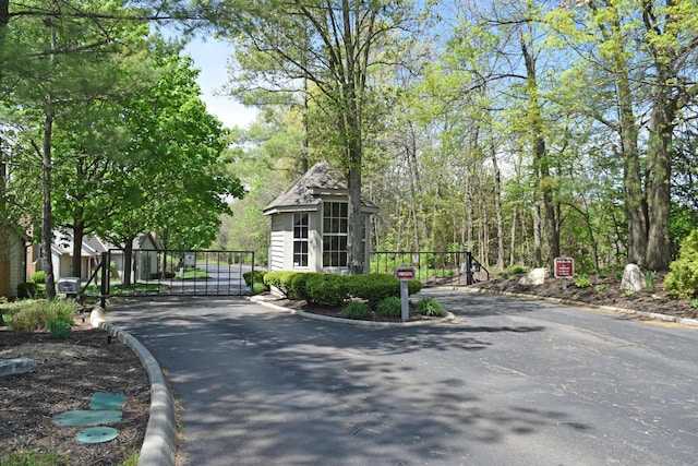view of road featuring a gated entry, a gate, and curbs