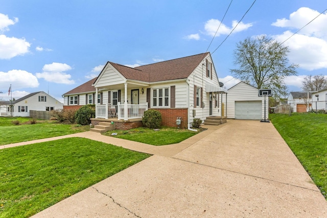 1738 W Chestnut St, Lancaster, OH 43130 - view of front of house with an outdoor structure, driveway, a front lawn, a porch, and fence
