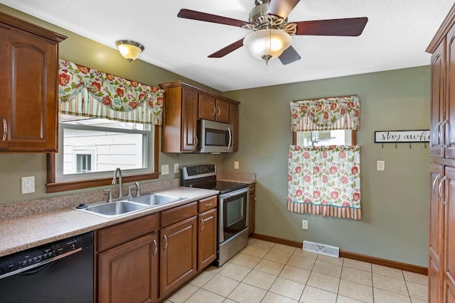 1738 W Chestnut St, Lancaster, OH 43130 - kitchen with baseboards, a ceiling fan, visible vents, stainless steel appliances, and a sink