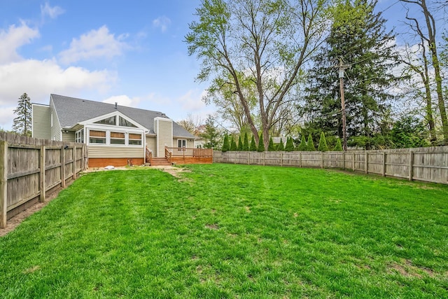 view of yard featuring a fenced backyard and a wooden deck