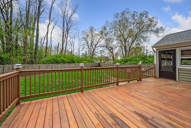 deck featuring a yard and a fenced backyard
