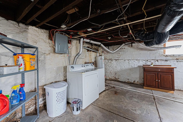 unfinished below grade area with electric panel, water heater, and washing machine and dryer