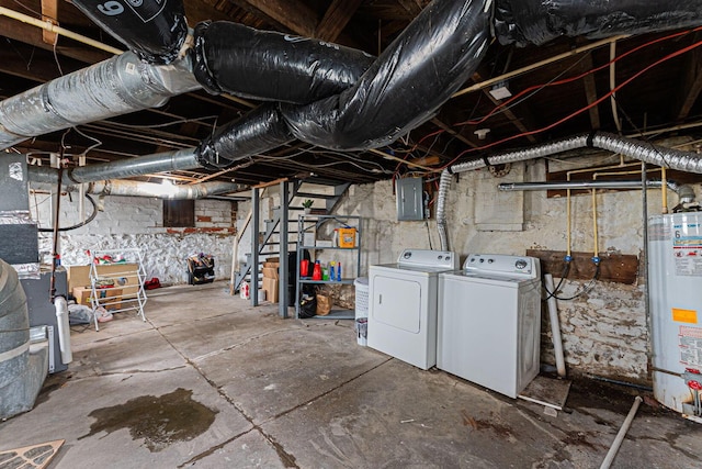 unfinished basement featuring electric panel, gas water heater, and washing machine and dryer