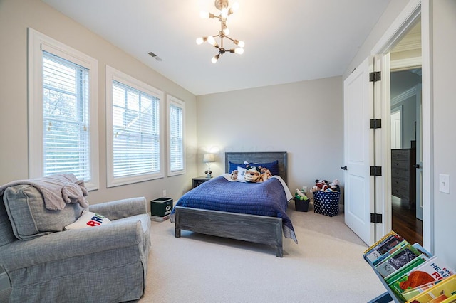 6920 Clivdon Mews, New Albany, OH 43054 - bedroom with carpet, visible vents, and an inviting chandelier