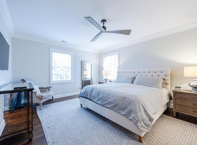 6920 Clivdon Mews, New Albany, OH 43054 - bedroom featuring dark wood-style flooring, baseboards, ornamental molding, a ceiling fan, and visible vents
