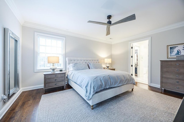 6920 Clivdon Mews, New Albany, OH 43054 - bedroom with dark wood-style flooring, baseboards, crown molding, and a ceiling fan