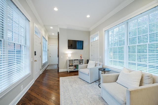 6920 Clivdon Mews, New Albany, OH 43054 - living area featuring wood finished floors, baseboards, ornamental molding, and plenty of natural light