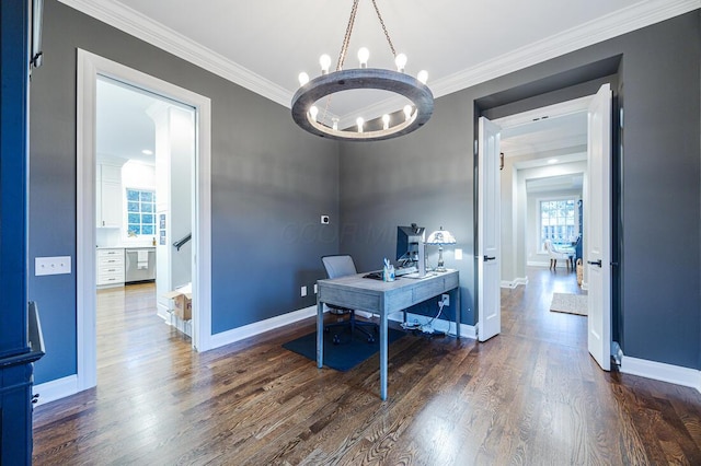 6920 Clivdon Mews, New Albany, OH 43054 - office with a healthy amount of sunlight, an inviting chandelier, crown molding, and dark wood finished floors