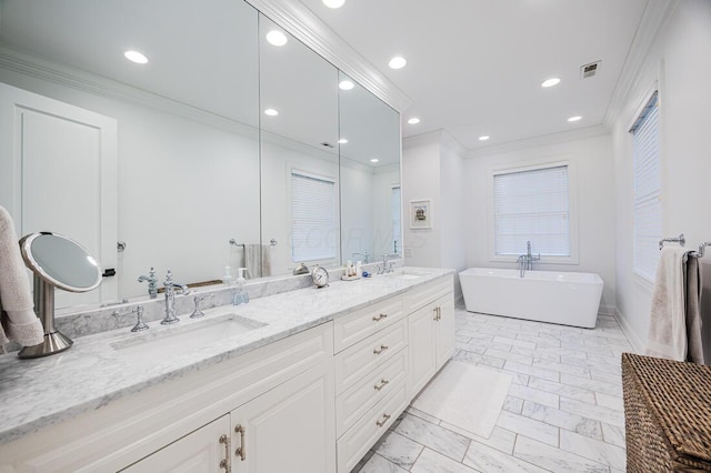 6920 Clivdon Mews, New Albany, OH 43054 - bathroom with recessed lighting, visible vents, a sink, and ornamental molding