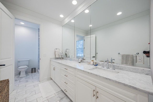 6920 Clivdon Mews, New Albany, OH 43054 - full bathroom with double vanity, ornamental molding, toilet, marble finish floor, and a sink
