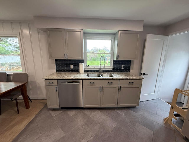 kitchen featuring plenty of natural light, backsplash, stainless steel dishwasher, gray cabinets, and a sink