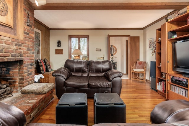 living area with crown molding, wood finished floors, and a fireplace