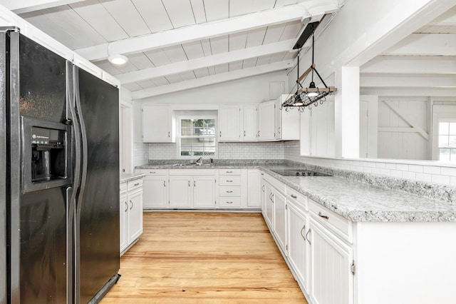 13384 Orchard Is NE, Millersport, OH 43046 - kitchen featuring black appliances, white cabinetry, decorative backsplash, plenty of natural light, and wooden ceiling