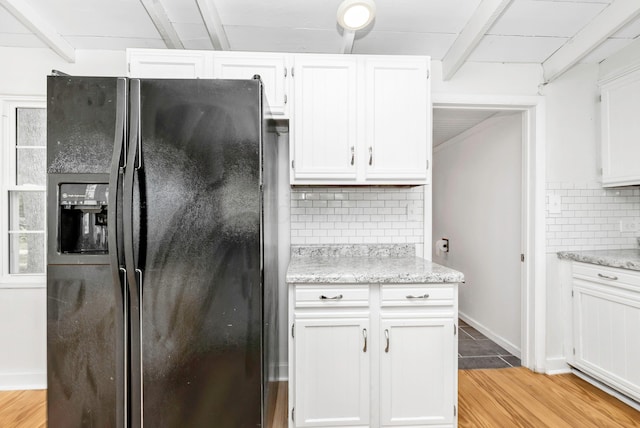 13384 Orchard Is NE, Millersport, OH 43046 - kitchen with black refrigerator with ice dispenser, backsplash, light wood-style floors, and white cabinetry
