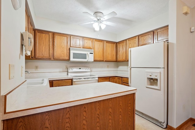 5955 Glen Village Dr, Dublin, OH 43016 - kitchen featuring ceiling fan, white appliances, a peninsula, light countertops, and a sink