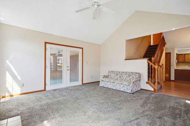 5955 Glen Village Dr, Dublin, OH 43016 - sitting room featuring baseboards, ceiling fan, carpet floors, stairway, and french doors
