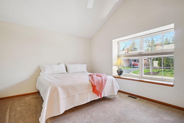 5955 Glen Village Dr, Dublin, OH 43016 - carpeted bedroom featuring visible vents, baseboards, high vaulted ceiling, and ceiling fan