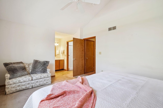 5955 Glen Village Dr, Dublin, OH 43016 - bedroom featuring high vaulted ceiling, connected bathroom, a ceiling fan, visible vents, and light carpet