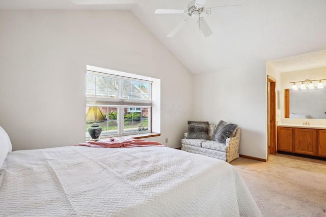 5955 Glen Village Dr, Dublin, OH 43016 - bedroom featuring a sink, a ceiling fan, connected bathroom, high vaulted ceiling, and light colored carpet
