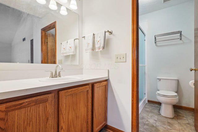 5955 Glen Village Dr, Dublin, OH 43016 - full bathroom featuring vanity, visible vents, toilet, a stall shower, and baseboards
