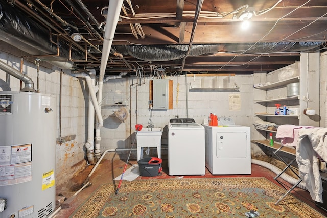 1287 City Park Ave, Columbus, OH 43206 - unfinished below grade area featuring gas water heater, separate washer and dryer, electric panel, and a sink