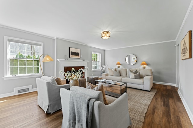 living area featuring wood finished floors, visible vents, crown molding, baseboards, and a fireplace