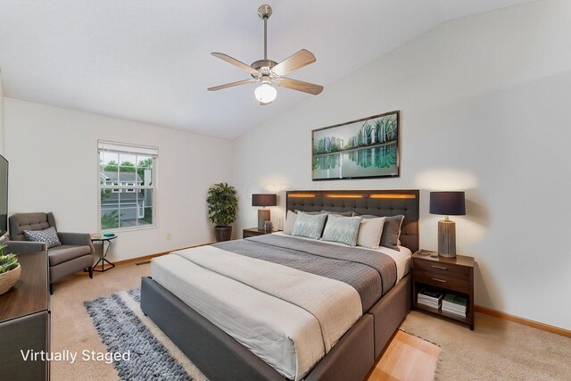 5516 Latrobe St, Westerville, OH 43081 - bedroom featuring light carpet, vaulted ceiling, baseboards, and ceiling fan