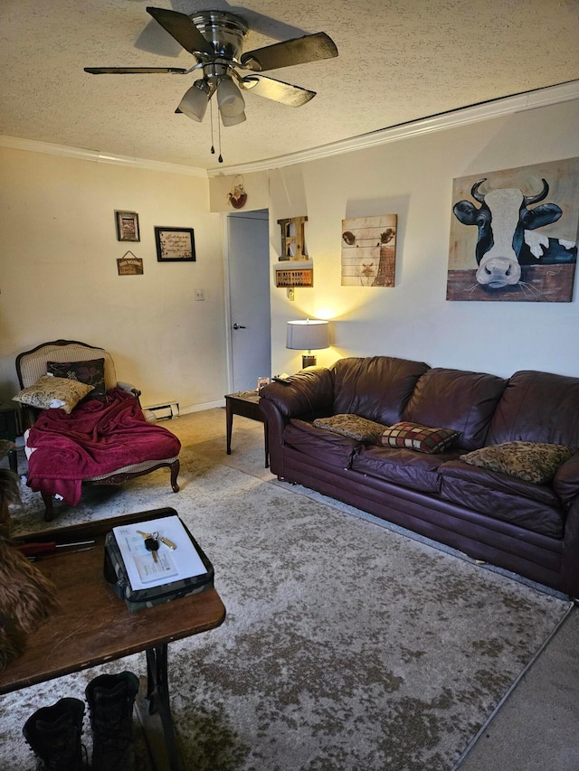 carpeted living room featuring a textured ceiling, ceiling fan, ornamental molding, and a baseboard radiator