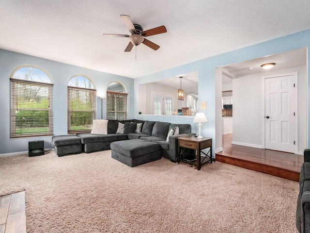living area with plenty of natural light, carpet, baseboards, and ceiling fan