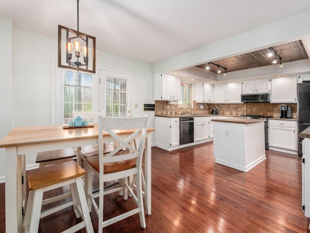 kitchen featuring stainless steel stove, track lighting, dark wood-style floors, dishwashing machine, and a sink
