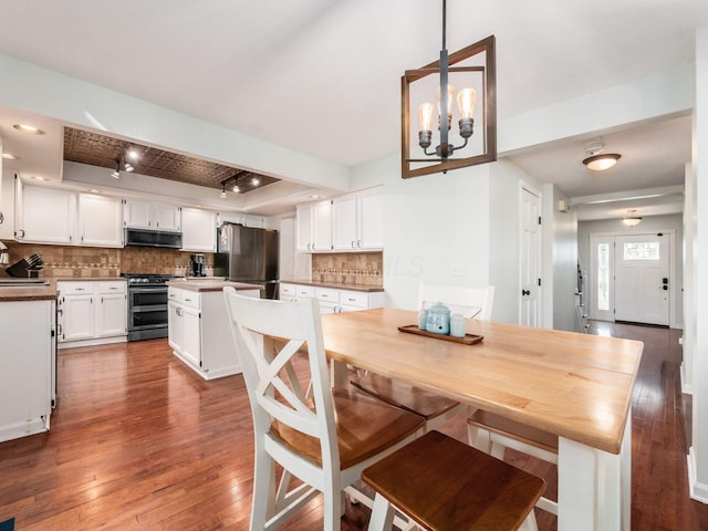 dining space with a chandelier, wood-type flooring, and a tray ceiling