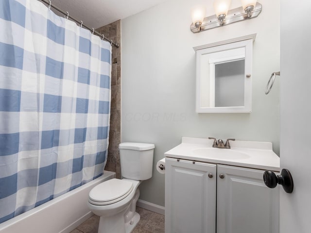 bathroom with shower / bathtub combination with curtain, vanity, tile patterned flooring, toilet, and baseboards