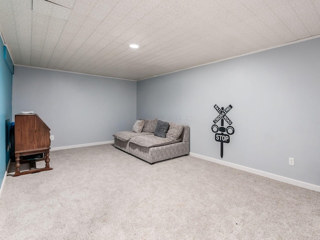 unfurnished room featuring recessed lighting, baseboards, ornamental molding, and carpet floors